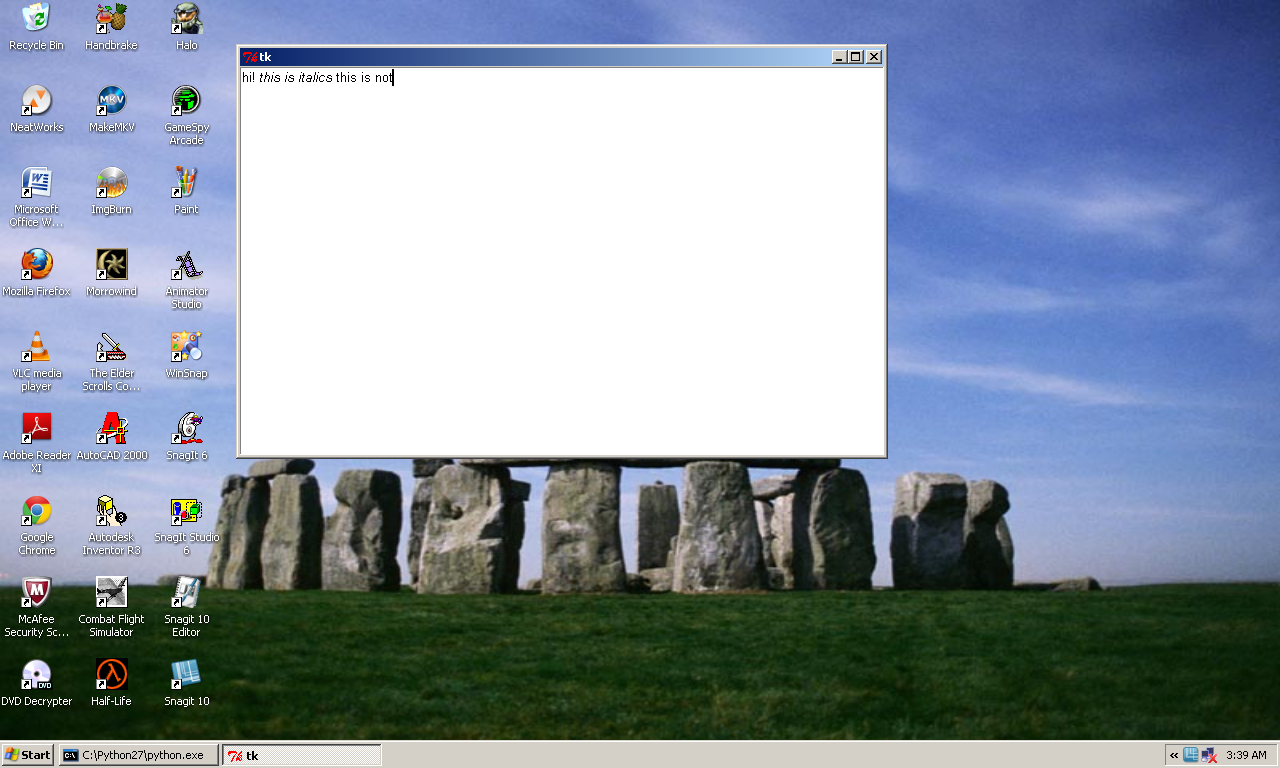 An image of my notes app version 1, just a tkinter window with some plain and italics text